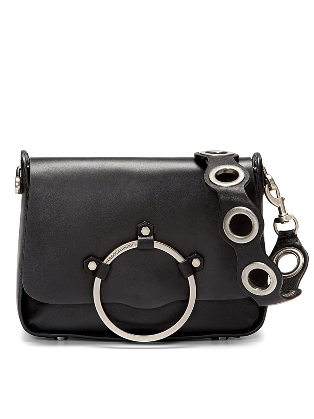 Black Leather Shoulder Bag with Silver Ring